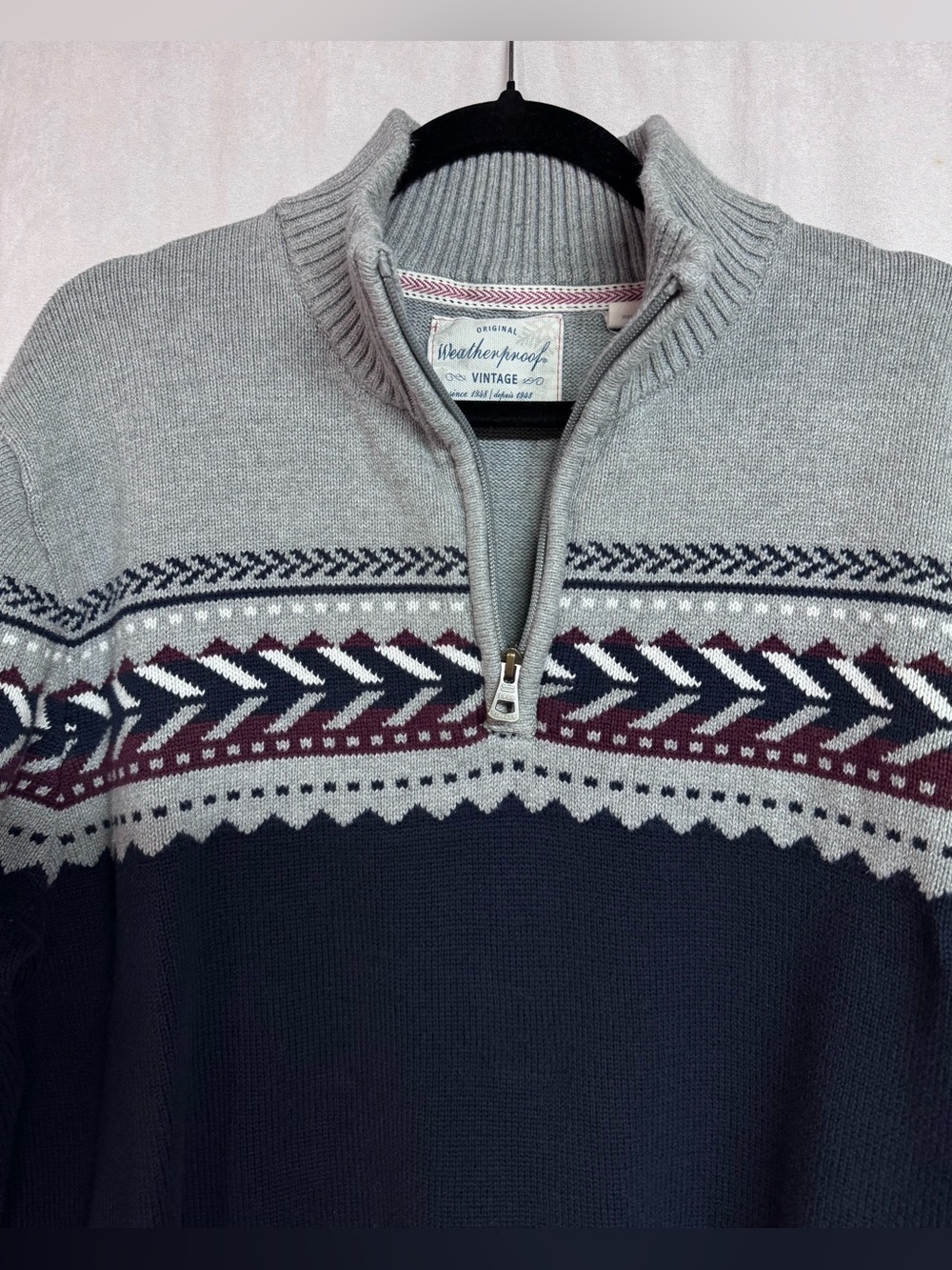 Men's Navy and Light Gray Half-Zip Fair Isle Sweater XL - Picture 4 of 4